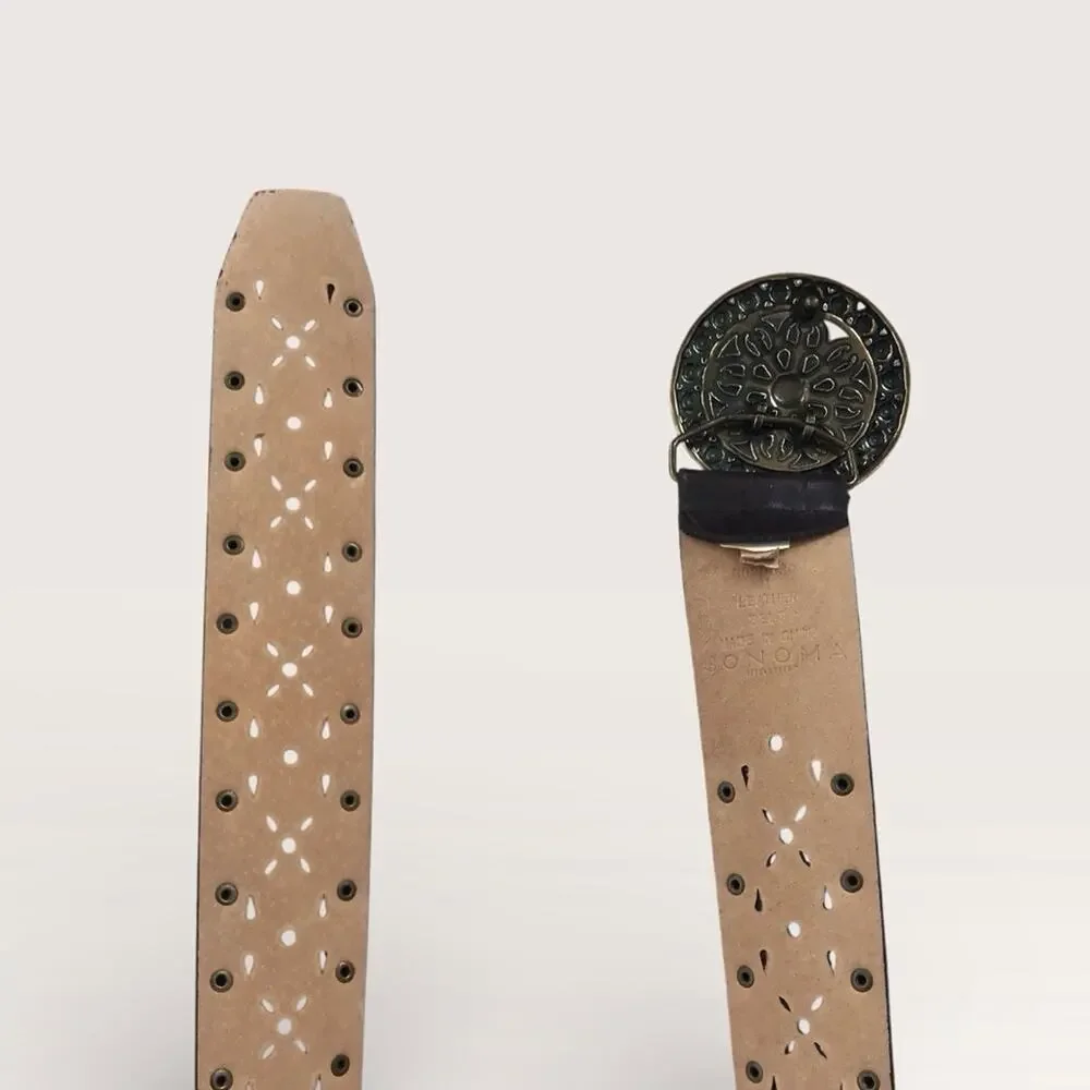 Sonoma Brown Wide Leather Belt Western Style Studded Brass & Cutout Detail